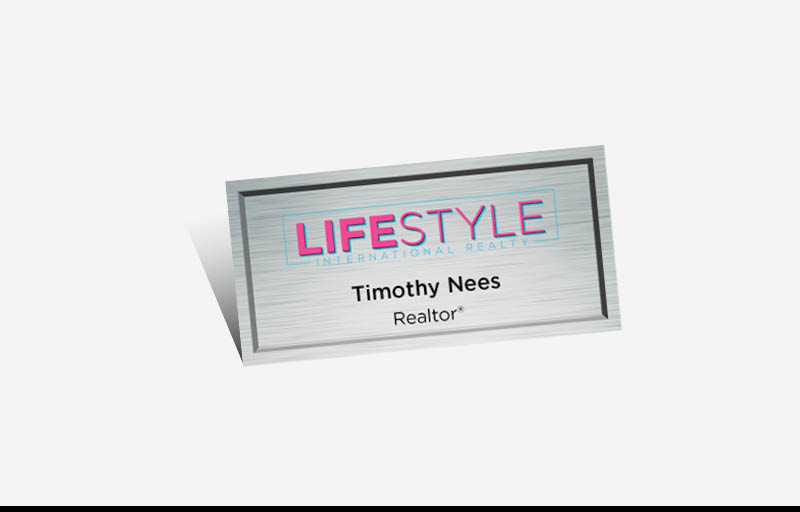 LIFESTYLE International Realty Real Estate Full Color Silver Metallic Name Badge | BestPrintBuy.com