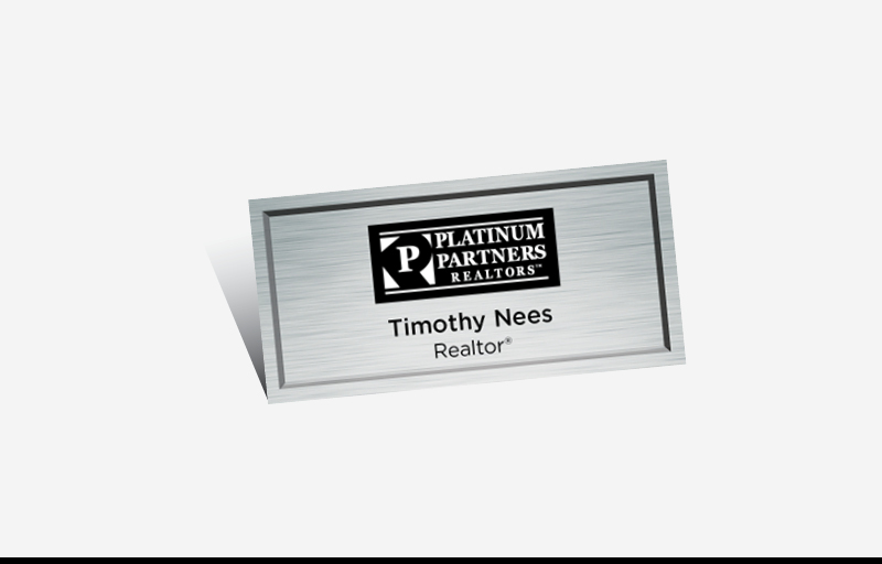 Platinum Partners Realtors Real Estate Full Color Silver Metallic Name Badge | BestPrintBuy.com