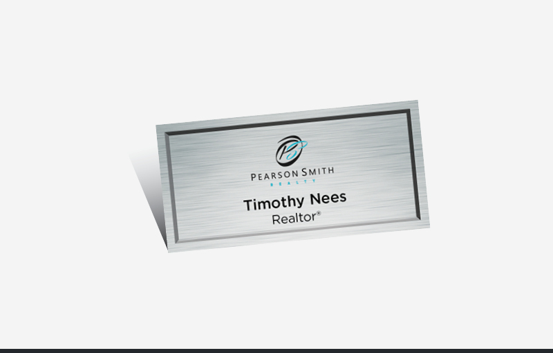Pearson Smith Realty Real Estate Full Color Silver Metallic Name Badge | BestPrintBuy.com