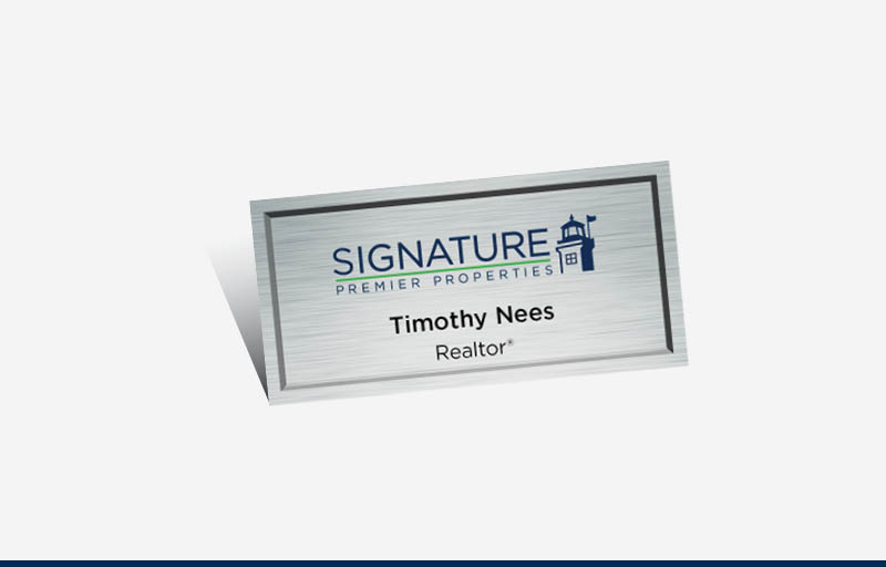 Signature Premier Properties Real Estate Full Color Silver Metallic Name Badge | BestPrintBuy.com