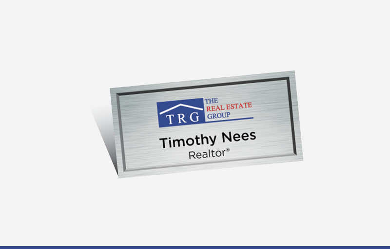 The Real Estate Group Real Estate Full Color Silver Metallic Name Badge | BestPrintBuy.com