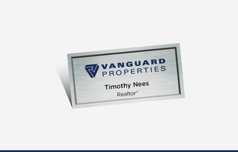 Vanguard Properties Real Estate Full Color Silver Metallic Name Badge | BestPrintBuy.com