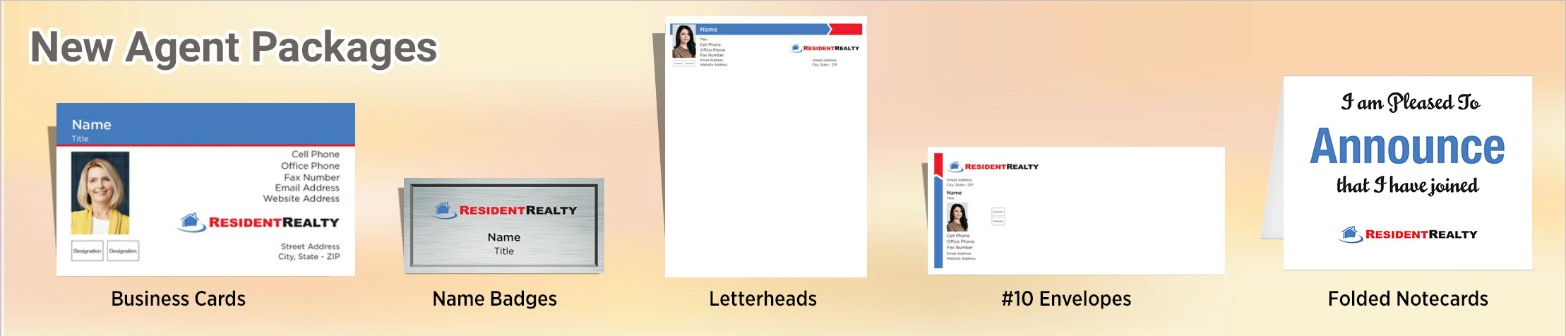 Resident Realty Real Estate Gold, Silver and Bronze Agent Packages - Resident Realty approved vendor personalized business cards, letterhead, envelopes and note cards | BestPrintBuy.com